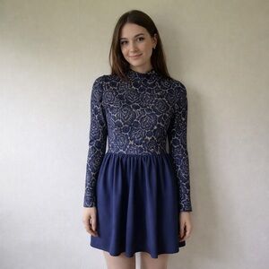 Altard State Navy Floral High Neck Dress Open Back M Long Sleeve